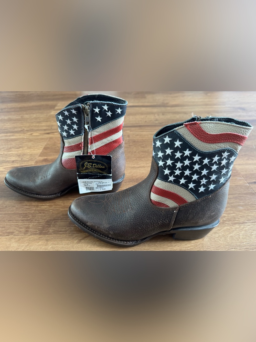 J.B. Dillon Brown Leather Western Ankle Boots with Red, White & Blue Flag Accent